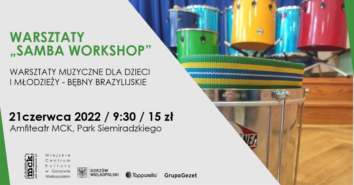 Grafika wpisu „Samba workshop” – warsztaty muzyczne – bębny brazylijskie