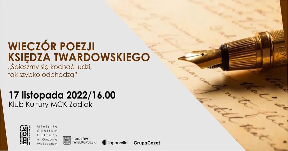 Grafika wydarzenia WIECZÓR POEZJI KSIĘDZA TWARDOWSKIEGO – „Śpieszmy się kochać ludzi, tak szybko odchodzą”