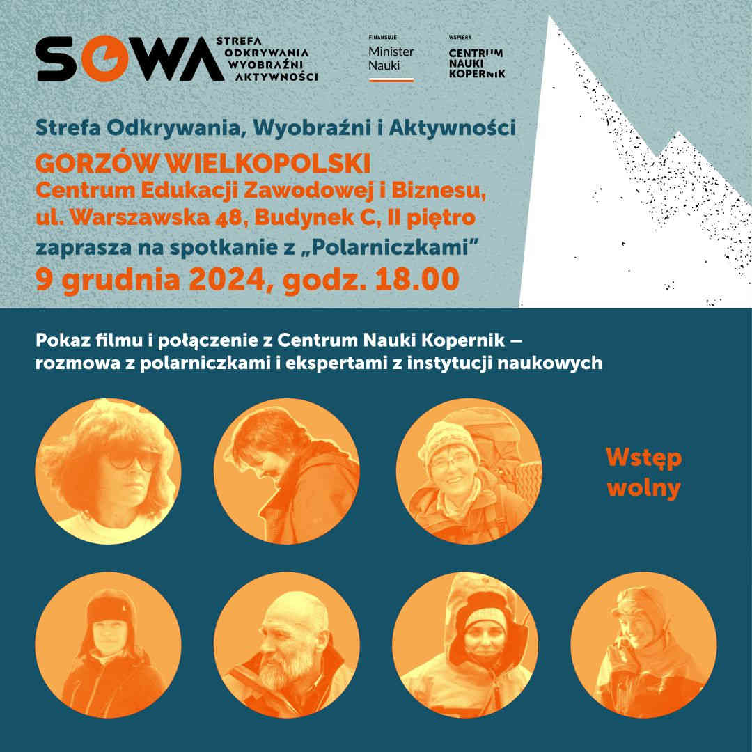 Grafika wydarzenia Wyświetlenie filmu Polarniczki i transmisja rozmowy z prelegentkami w SOWA Gorzów Wielkopolski