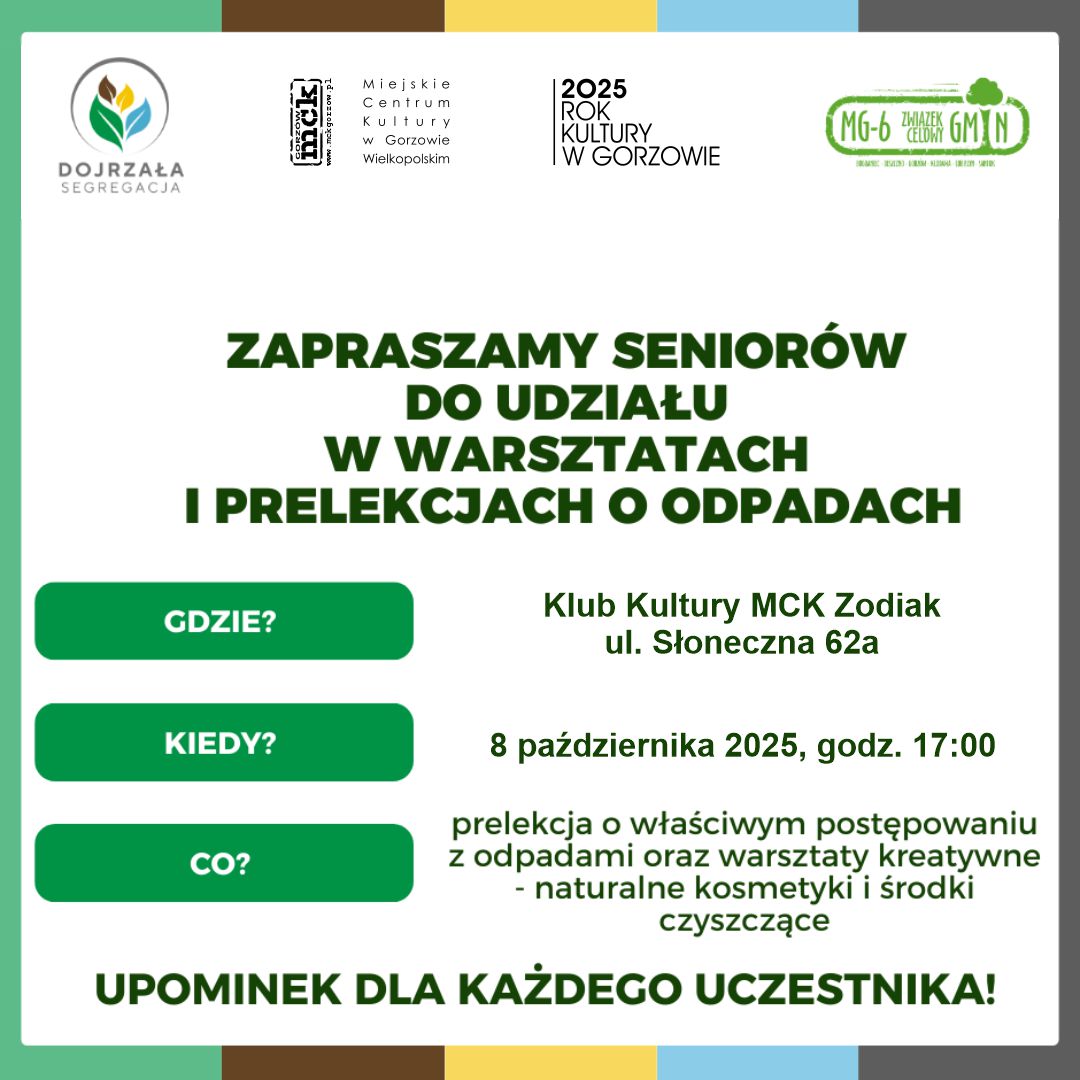 Grafika wydarzenia „Dojrzała segregacja” – warsztaty dla seniorów w Klubie Kultury MCK Zodiak