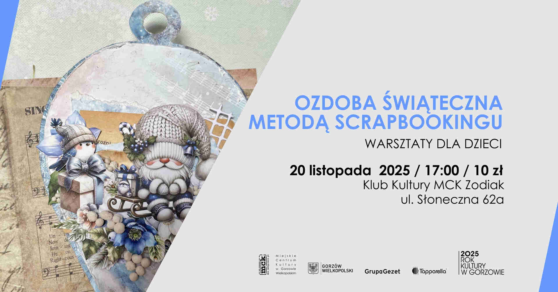 Grafika wydarzenia Ozdoba świąteczna metodą scrapbookingu – warsztaty dla dzieci